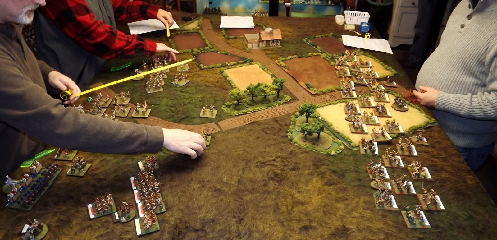 Photo by Allan Wright and depicts players re-enacting the Battle of Thebes, using a homebrew ruleset called ‘‘Hannibal at the Gates’’ taken in January 2017.